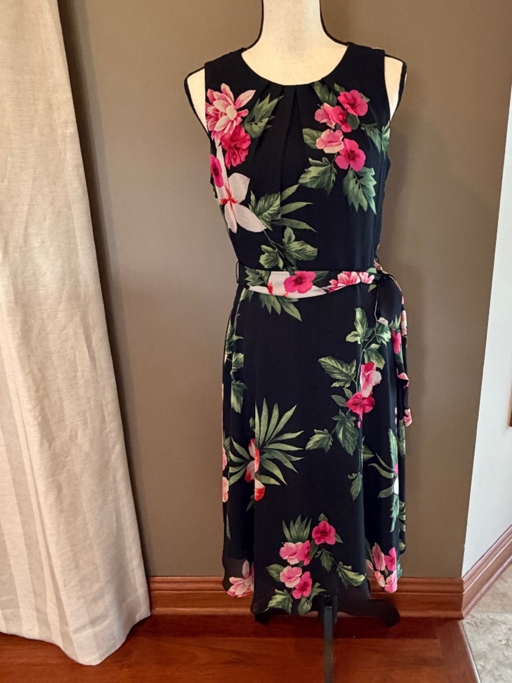 JH Black & Pink Floral Sleeveless Midi Dress, Wedding Guest, Summer, Size 6